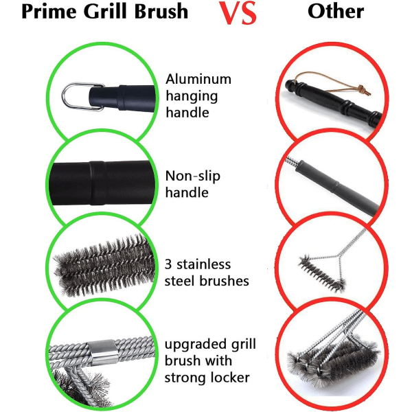 3-i-1 Grillbørster, Meget Holdbare - Børster i Rustfrit Stål, Til Hurtig & Effektiv Rengøring Af Alle Griller