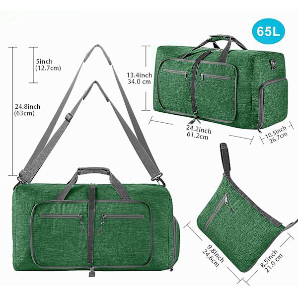 Reise-Dufflebag for menn, 65l sammenleggbar reise-duffelbag med sko-rom nattpose for menn kvinner vanntett og rivebestandig Deep Green