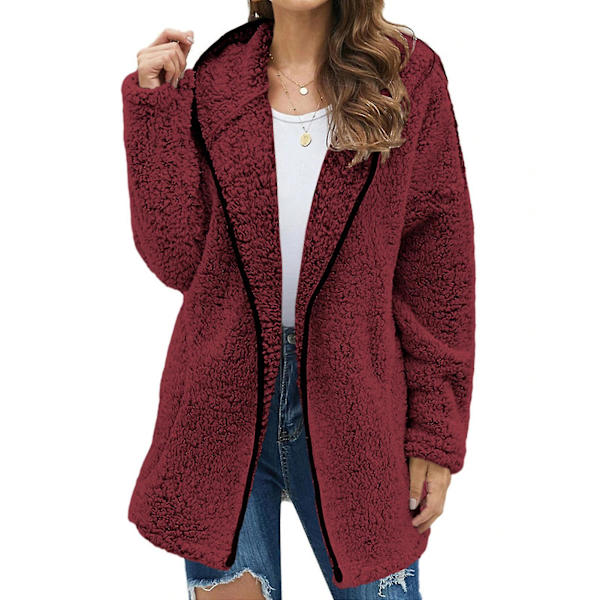 Dam Casual Solid Lapel Långärmad Tröja Vinter Höst Tjock Bekväm Lång XL Wine Red