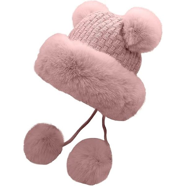 Varm Ullhatt med Öronlappar, Tjock Hatt, Söt Snö- och Vinterkeps för Kvinnor, Varmaste Hatt för Män (Rosa)