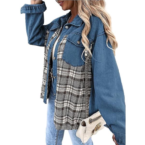 Dame Denimjakker med Knapper, Langærmede Afslappede Skjorter Blue 2XL