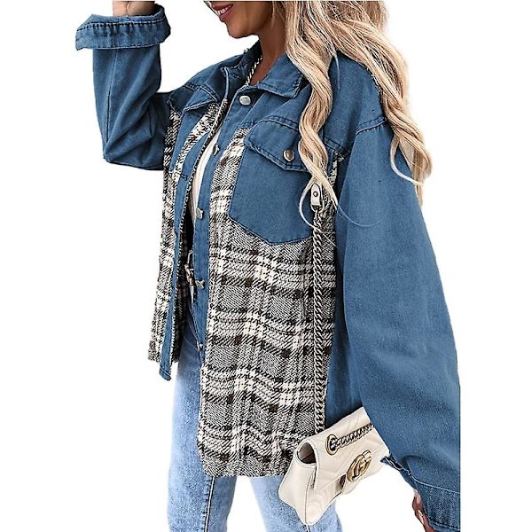 Dame Denimjakker med Knapper, Langærmede Afslappede Skjorter Blue M