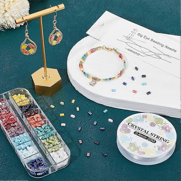 Tilapärlor Armbandssats Inkluderar 11 Färger 2-Hål Rektangulära Glasfrö Pärlor Stora Ögon Pärlning Snören Elastiskt Tråd för Armband Halsband Örhängen
