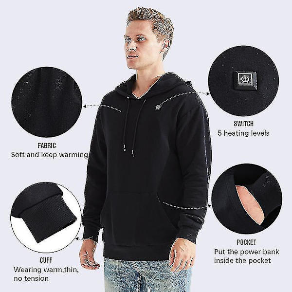 Oppvarmede USB-hettegensere for menn og kvinner med lomme, tykke, avslappede hettegensere Gray 3XL