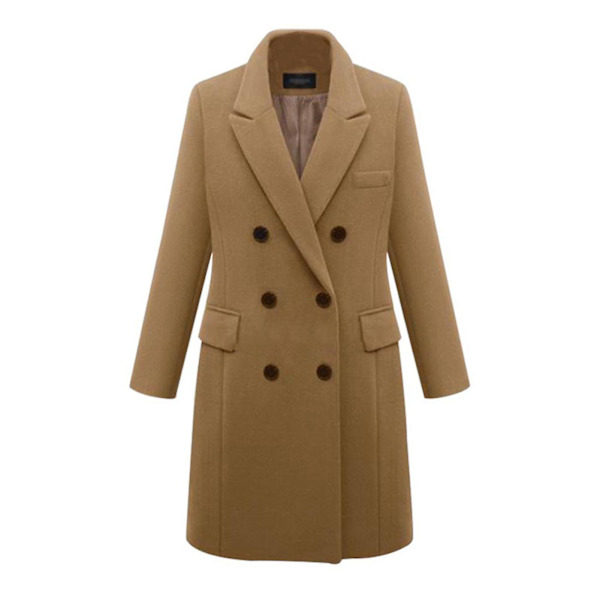 Kvinnors Dubbelknäppta Peacoat Krage Vinter Klassisk Filt Lång Jacka XL Khaki