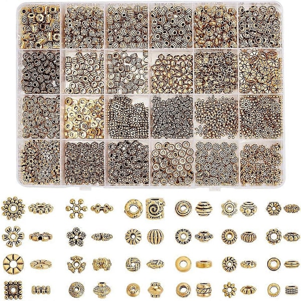 1200 st Antik Gyllene Distanspärlor 24 Stilar Tibetansk Blomma Kvadrat Snöflinga Rondelle Pärlor Legering Distanspärlor Lösa Pärlor för Armband Halsband Öra