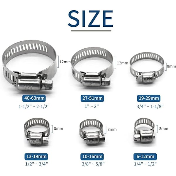 20 styk justerbare slangeklemmer 6–12 mm, båndbredde 8 mm, robuste rørklemmer til sikring af familie vandrør, brændstofledning,