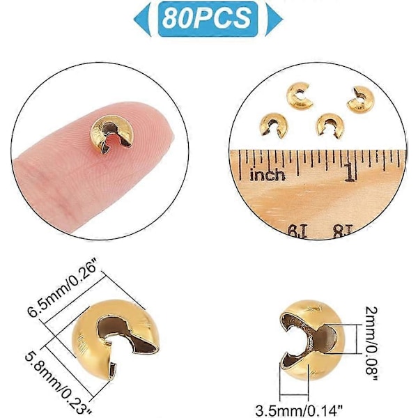 80 stk. 6,5 mm Lange 304 Rustfritt Stål Krimp Perler Deksel Knute Perler Gyldne Metall Halvrunde Avstandsperler Små Glatte Løse Rondelle Perler Hetter Krimping