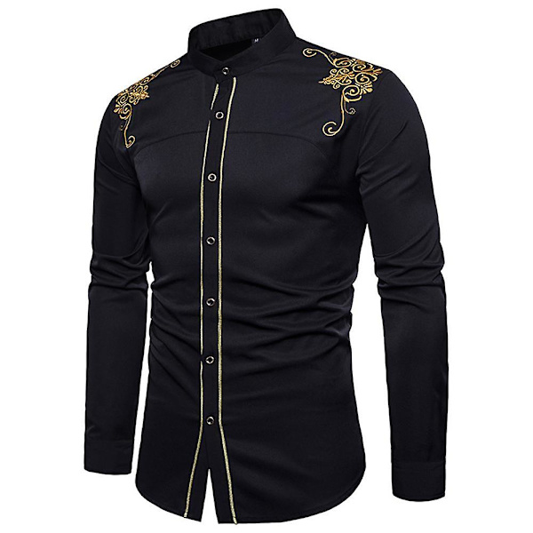 Herre Broderet Langærmet Slim Fit Button Down Casual Party Skjorte Black S