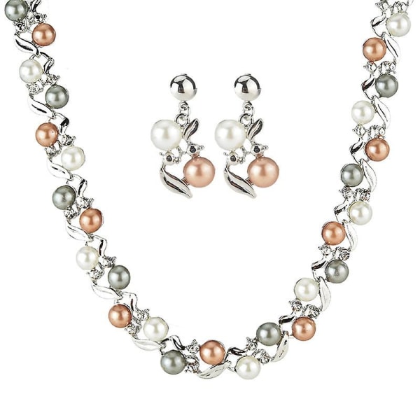 Populärt mode flerlagers pärl strass halsband örhängen Överdrivna smycken set med silver diamant kedja