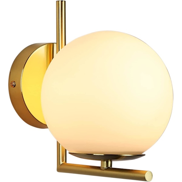 Moderne og elegant LED væglampe med opal hvid glaskugle og guldroset med E27 fatning til soveværelse, stue, entre
