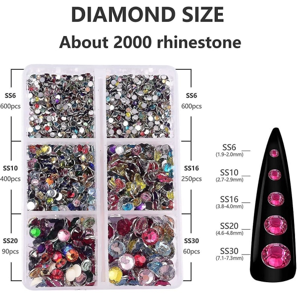 2000 stk. flade rhinsten i 5 blandede størrelser (2-6 mm) runde AB-rhinsten i resin med spids borekasse og opsamlingspen til neglekunst, øjenmakeup og gør-det-selv-håndværk