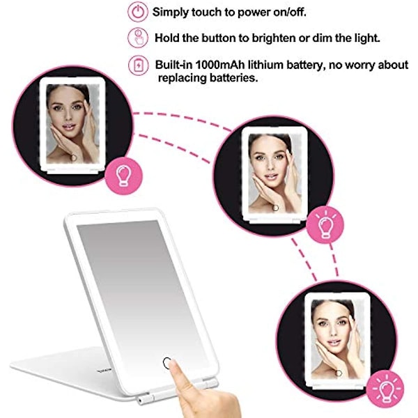 Deweisn LED Makeup Spejl Til Rejser 32 LED Lysende Makeup Spejle Med Dæmpbar Belysning Kompakt Slank Genopladeligt Lysende Spejl Sammenklappeligt Makeup Black