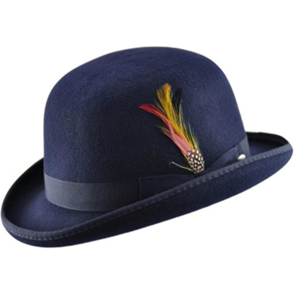 Unisex Hård Topp Ull Bowler Hatt Med Fjäder Satinfodrad Storlekar S Till Xl Navy S