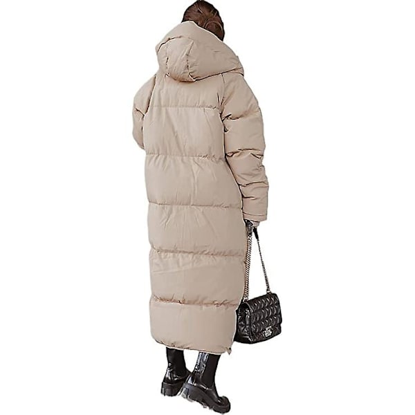 Lang quiltet frakke til kvinder, hætte, langærmet dunjakke Khaki XL