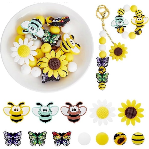 34 stk. 12 stilarter Silikone Focal Perler Bi Blomst Sommerfugl Formet Silikone Perler Gummi Perler til Perlepenne Nøgleringe Halskæder Smykkefremstilling Håndværk