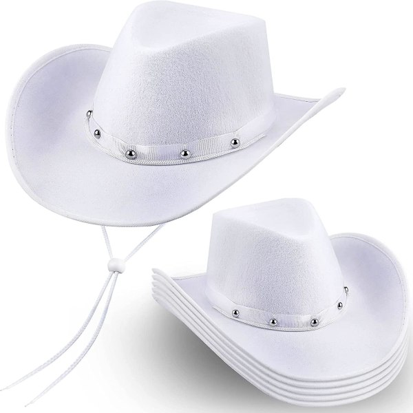 6 Pakning Hvite Cowboyhatter Bulk Western Enkle Cowboyhatter DIY Texan Cowgirl Partyhatt Med Justerbar Halsesnor For Bryllupsfest Sceneopptreden