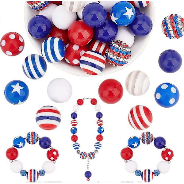 4 juli Pärlor 50 st Bubblegum Pärlor 20mm Chunk Pen Pärlor Patriotiska Pärlor Blå Röda Pärlor Akryl Randiga Pärlor Stora Pärlor för Självständighetsdagen Flagga