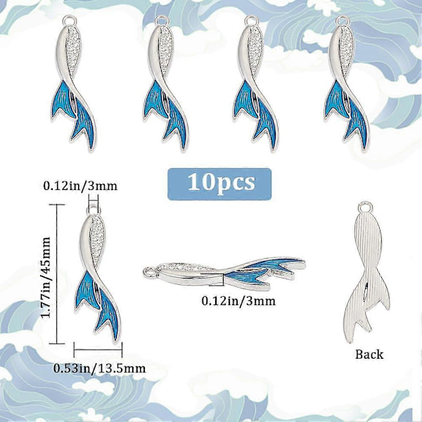1 ÆSKE 10 STK. Fiskehale Charms Havfrue Charms Bulk Sølv Hawaii Sommer Hav Ocean Dyr Legering Emalje Rhinestone Blå Fiskehale Charm til Smykkefremstilling