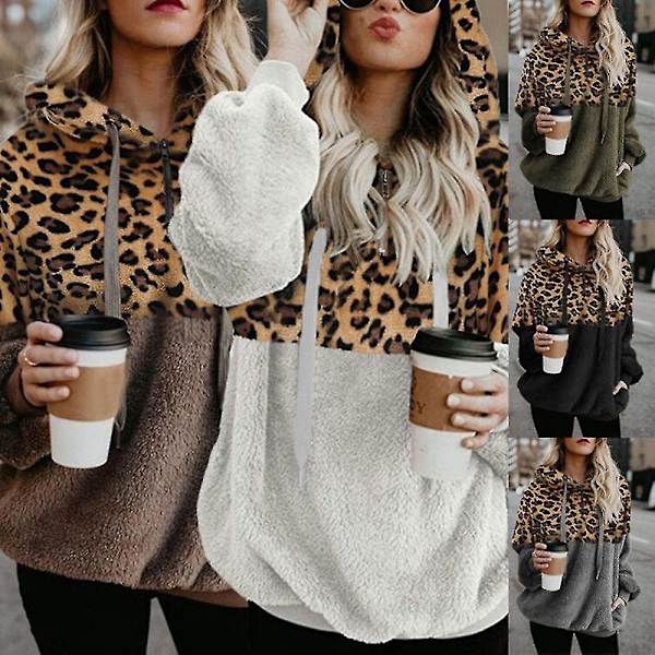 Hoodie för kvinnor Leopardmönstrad plyschtröja med fickor Dragsko huva 4XL Gray