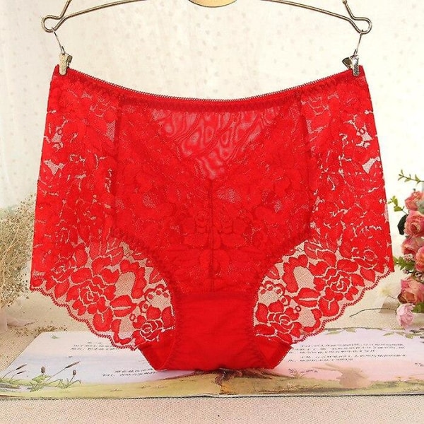 Dam sexiga mesh trosor hög midja sömlösa spets underkläder briefs transparent siden kvinnor bomullshälsa trosor underkläder xxxl Red L&1pc