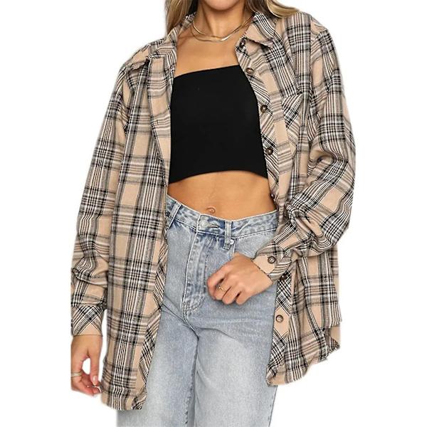 Høstskjorte for kvinner, avslappet langermet rutete shackets for utendørs dating, shopping og bruk 2XL Khaki