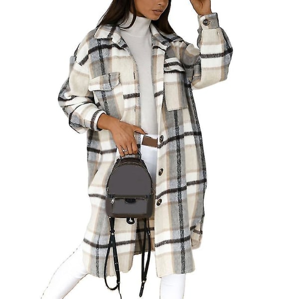 Casual Varm Letvægts Skjortejakke med Knapper og Tern til Kvinder, Langærmet, Regular Fit L Gray