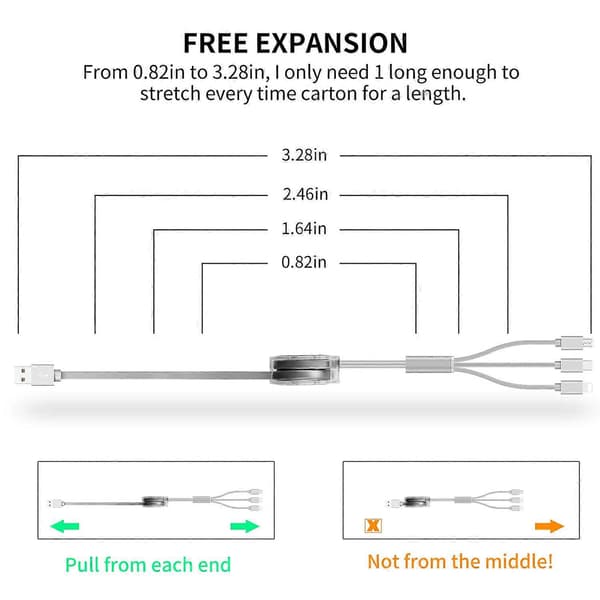 Optrækkeligt 3-i-1 Multi USB-opladerkabel til mobiltelefoner og tablets