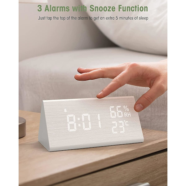 Trädigital väckarklocka, digital klocka med snooze/datum/temperatur och luftfuktighet - Vit