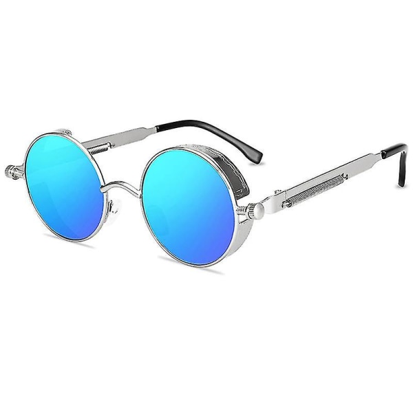 Aikuisten steampunk-pyöreät aurinkolasit, vintage retro -tyyliset cyberpunk-lasit Silver Frame Ice Blue Lenses