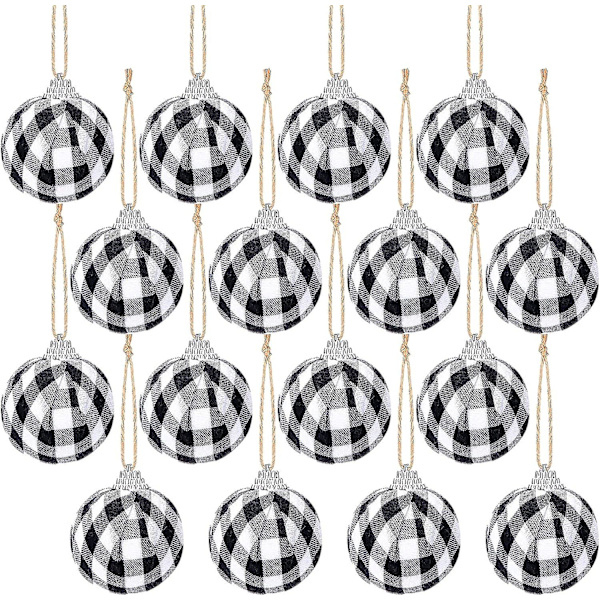 16 stk. Buffalo Plaid stofkugler - 5 cm Små jule stofindpakkede kugler Juleophæng (Sort & Hvid)