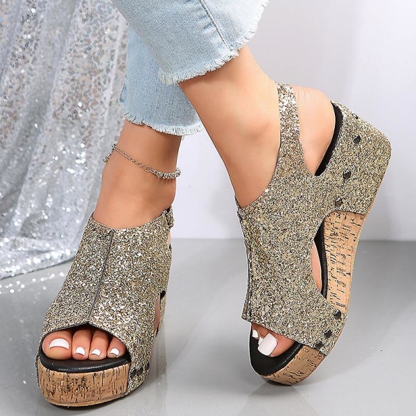Sandaler Damer Tyk Sål Retro Sandaler Damer Sequin Nitter Velcro Sandaler Gold EU 38