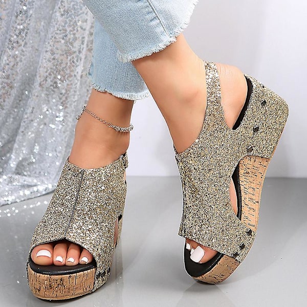 Sandaler Damer Tykk Såle Retro Sandaler Damer Paljettnagler Borrelås Sandaler Gold EU 41