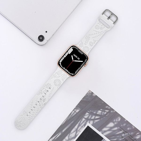 1 Pack Blomgraverad Sportrem Kompatibel Med Apple Watch Armband 38mm 40mm 41mm, Kvinnors Blommig Laser Mjuk Silikon Armband Ersättning Iwatch white 38mm 40mm 41mm