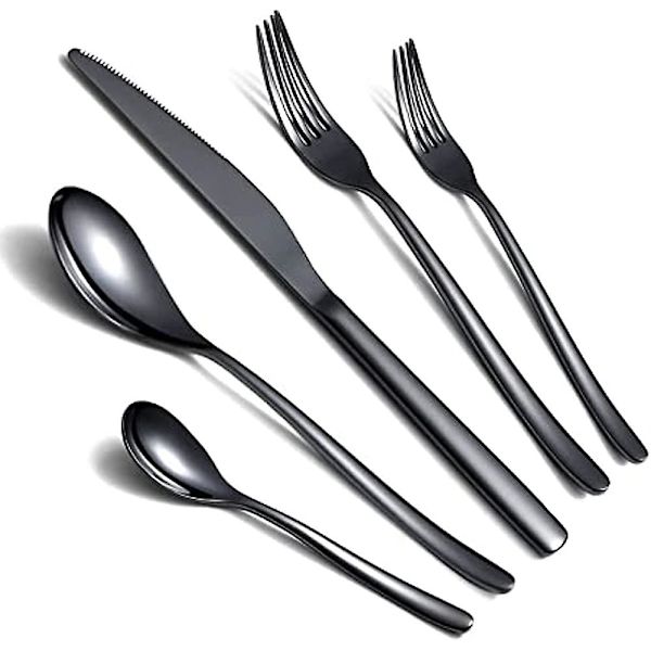 1 Setissä 5 Osainen Ruokailuvälinesetti Sisältäen 2 Haarukkaa + 2 Lusikkaa + 1 Veitsen, Premium Uudelleenkäytettävä Ruokailuvälinesetti Täydellinen Matkustamiseen, Retkeilyyn ja Kotiin Black