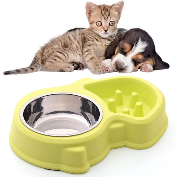 Dobbelt Vand- og Madskål 1 Skål i Rustfrit Stål og 1 Anti-Glubsk Skål til Katte og Små Hunde (grøn)