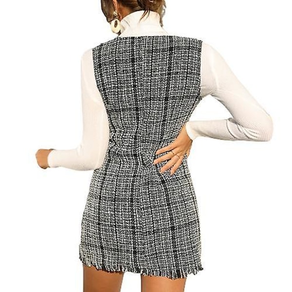 Elegant Vintage V-hals ternet tweed-kjole til kvinder Black XL