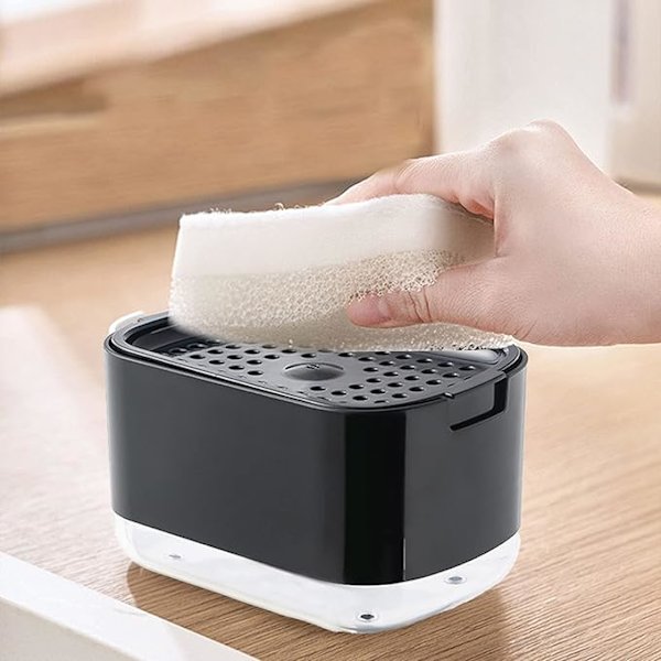 Diskmedelsdispenser med svamphållare, plastpress, diskbänk, diskbänk, diskbänk, tvålpump (svart)