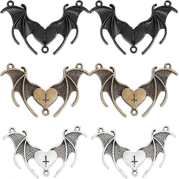 1 ASK 30 STK Svarta Bat-Kopplingsberlocker Hjärtberlocker Halloween Gotisk Vampyrvinge Dubbla Öglor Silver Brons Svart Länkberlock Bulk för Smyckestillverkning