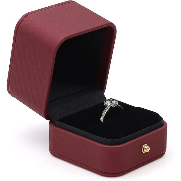 Förlovningsring Box Vinröd, fyrkantig läder sammetsring bärare Box, Premium Gorgeous Vintage Single Slot Ring Box för förslag, bröllop, ceremoni, en
