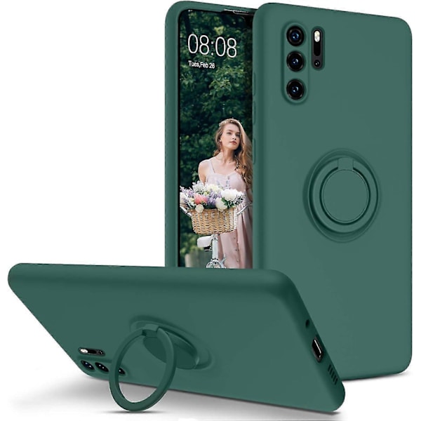 Bebetter DUEDUE Huawei P30 Pro Skal - Flytande Silikon Slimmad Fodral med Ringhållare Ställ, Bilfäste Funktion, Stötsäkert Fullständigt Skyddande Skal Green