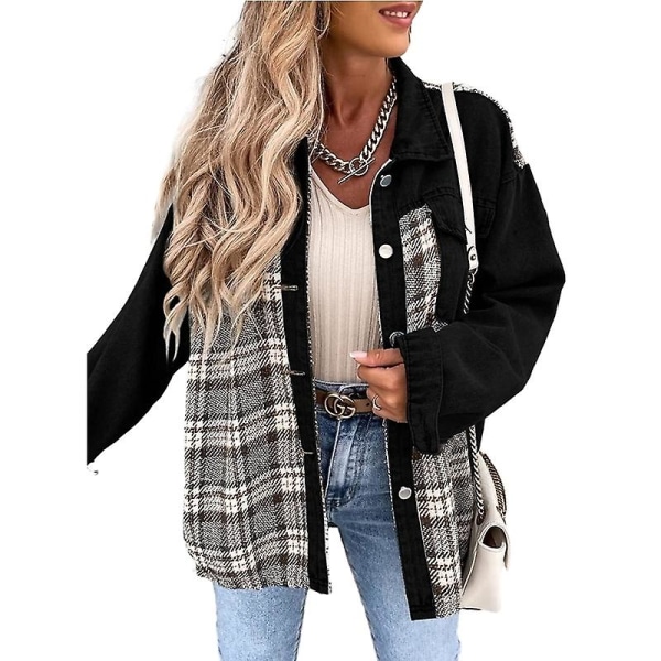 Dame Denimjakker med Knapper, Langærmede Afslappede Skjorter Black M