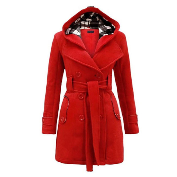 Kvinnors Hoodie Pea Coat Dubbelknäppt Vinter Filt Lång Jacka Med Midjebälte L Red