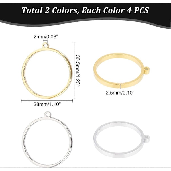 8 stk. 2 farver 304 rustfrit stål åben bagside bezel vedhæng Ring Cirkelform Charms Manuel polering Hul ramme vedhæng til DIY Resin Pressed Flowe