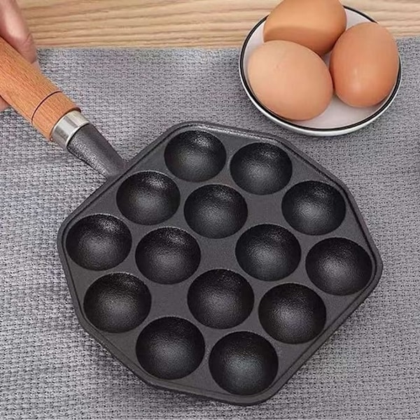 Takoyaki-pannu, jossa 14 reikää, tarttumaton valurauta mustekala lihapullien valmistaja irrotettavalla kahvalla paistinpannu pallolevy