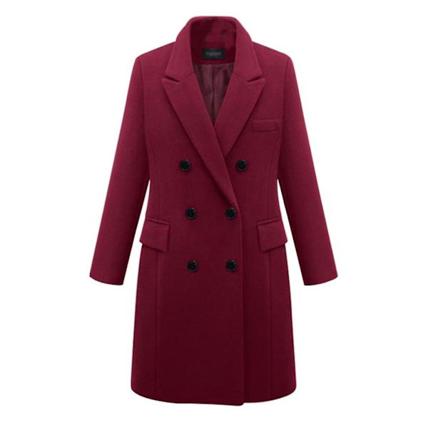 Kvinnors Dubbelknäppta Peacoat Krage Vinter Klassisk Filt Lång Jacka 3XL Wine Red