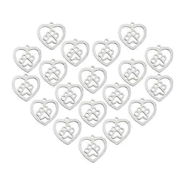 20 stk. 201 Rustfrit Stål Vedhæng Hjerte med Hundepoteaftryk Charms Små Hul Vedhæng til Kvinder Halskæder Smykkefremstilling 15x15,5x1mm, Hul 1,2mm