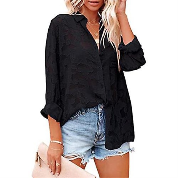 Chiffonbluse for kvinner, ensfarget, langermet med knapper Black L