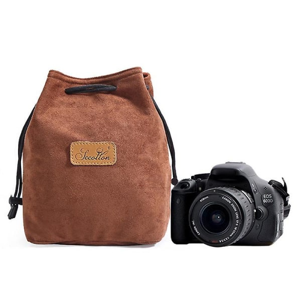 Reptålig dragsnöre-linsväska för Canon Nikon DSLR-kameraväska förvaringspåse fyrkantig Brown