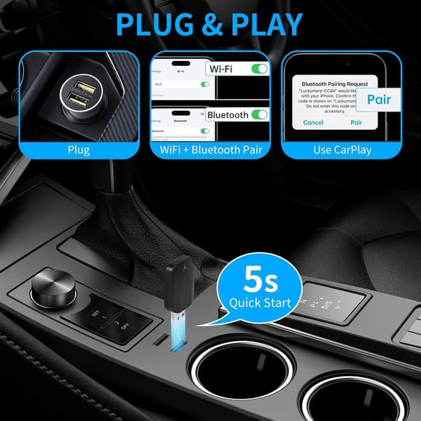Trådløs Carplay og Android Car Adapter, 2 i 1 Stick Konverter Kablet Android Car/Carplay til Trådløs, Egnet til Biler med AA